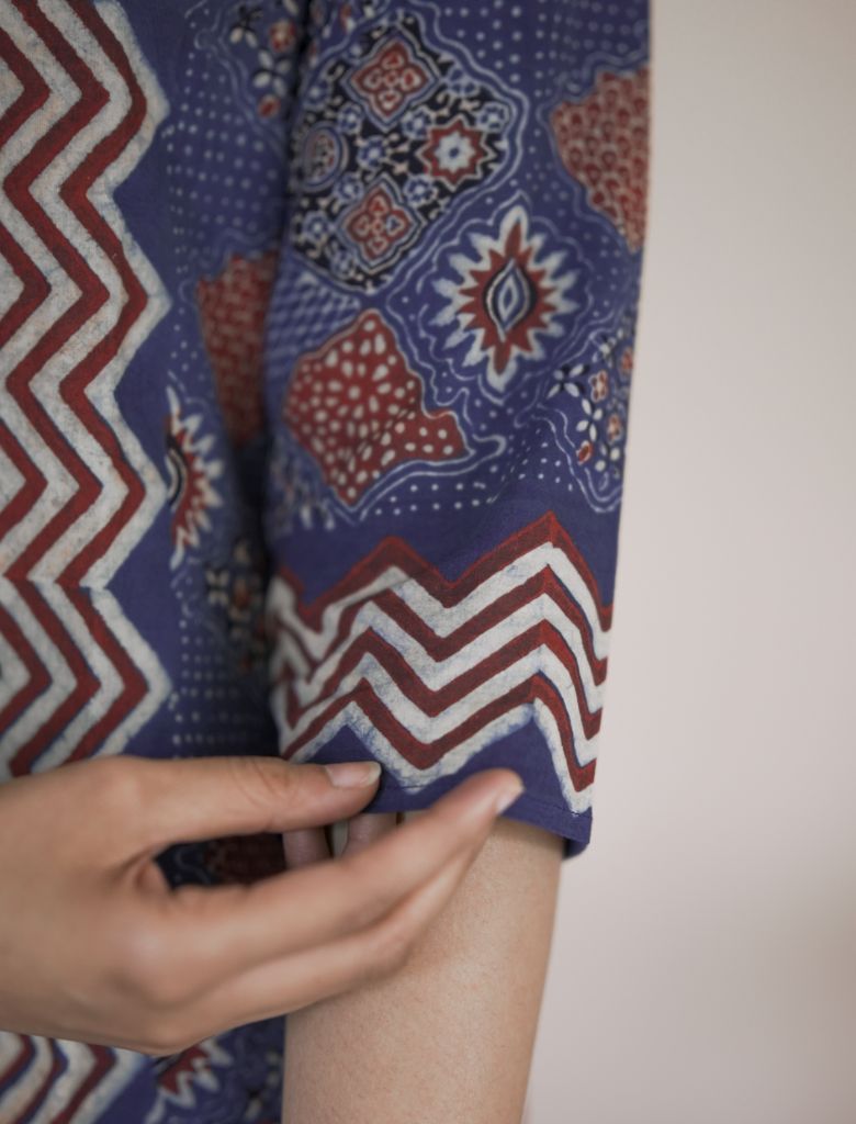 Blue Block Printed Pure Cotton Kurta