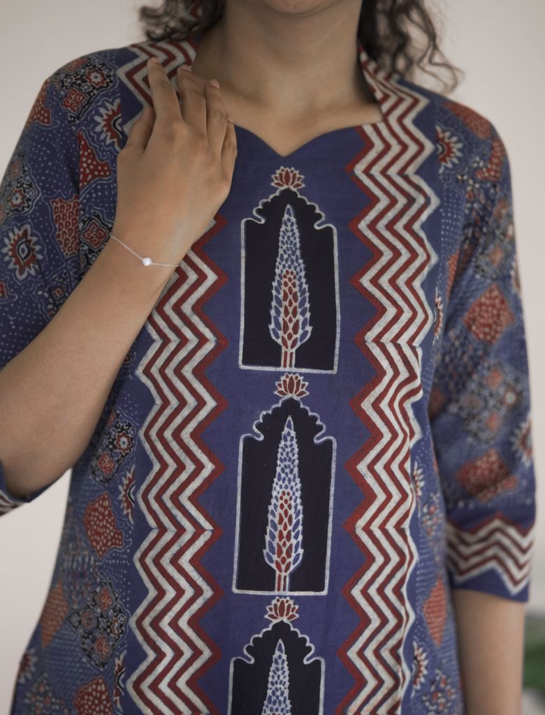 Blue Block Printed Pure Cotton Kurta
