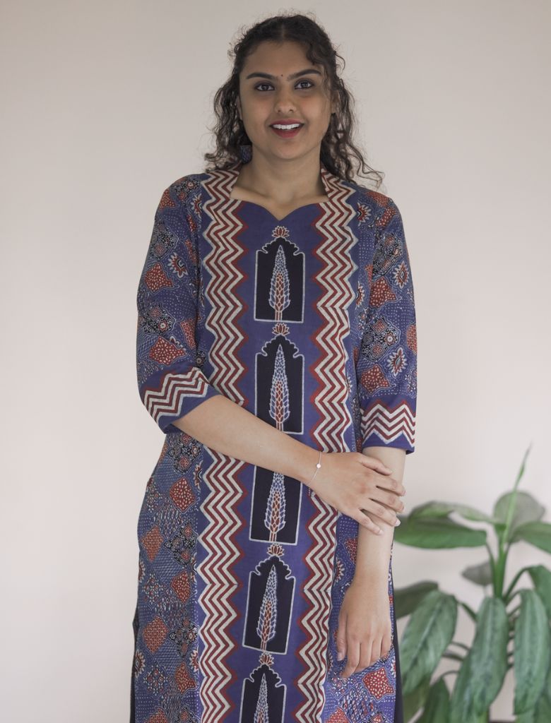 Blue Block Printed Pure Cotton Kurta